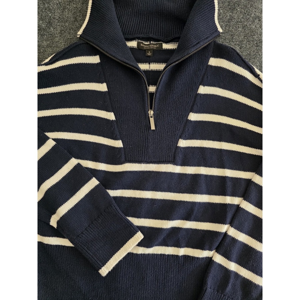Banana Republic Organic Cotton Navy Cream Striped Half Zip Sweater S 835974-01